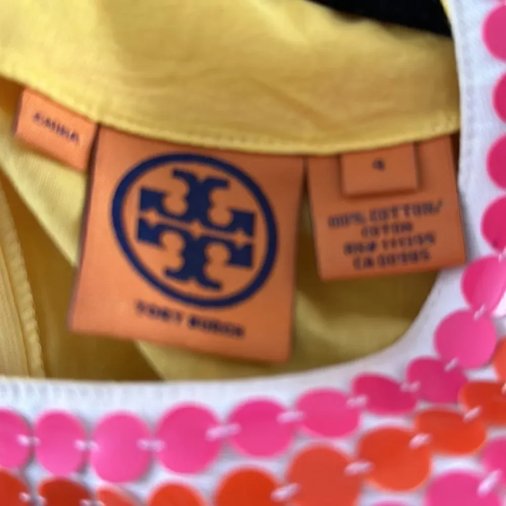 Tory Burch Yellow Embellished Tunic Top Sequin Neck Cotton Size 4
